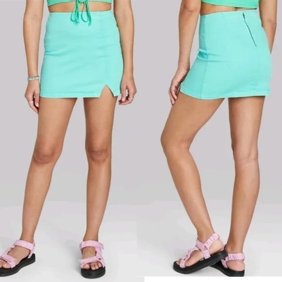 WILD FABLE Notch Front Stretch Denim Mini Skirt in "Distressed Aqua" Color  NEW! - Picture 3 of 12